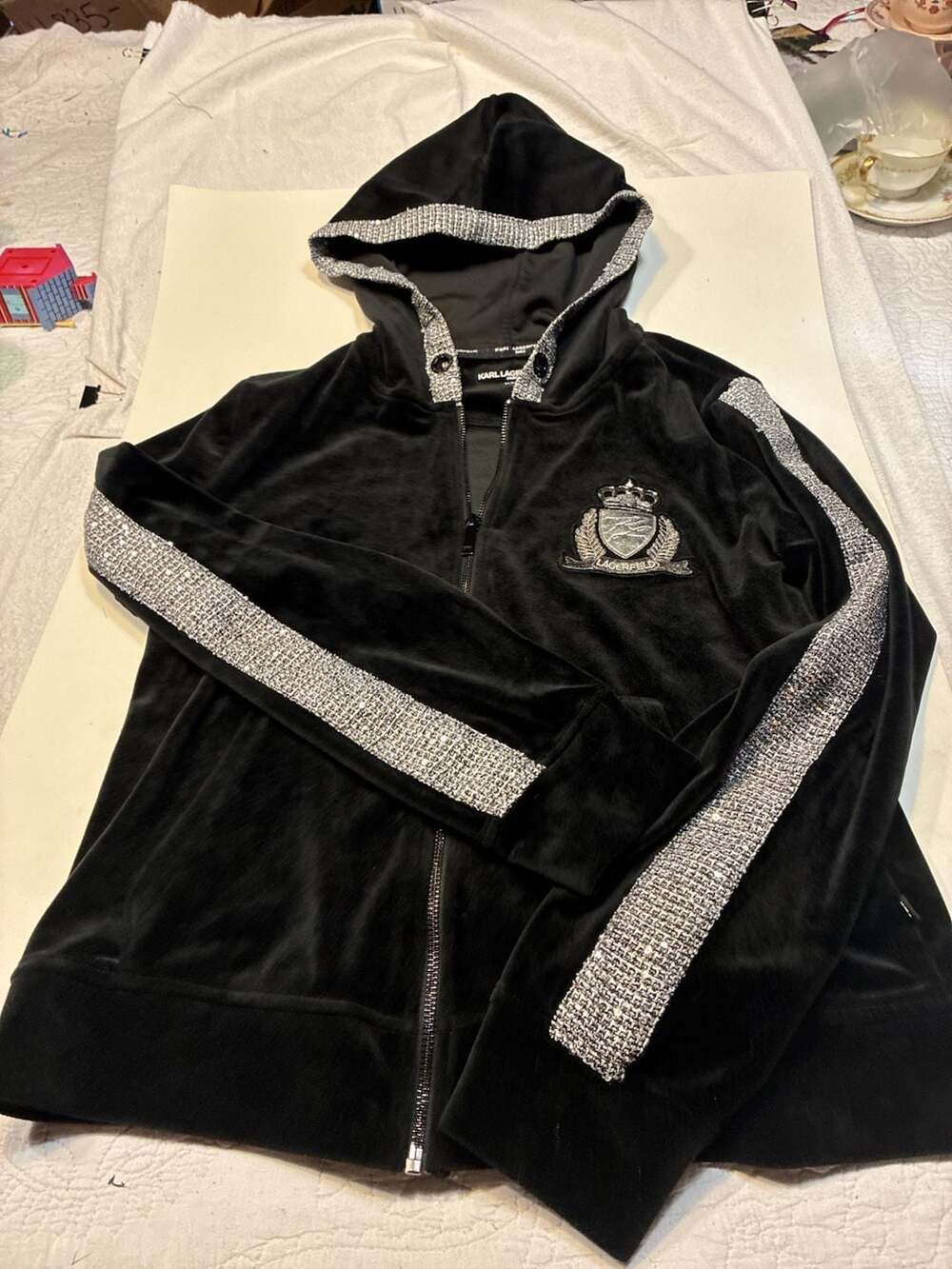 Karl Lagerfeld Paris Velour Rhinestone Embellished Logo Full-Zip Hoodie